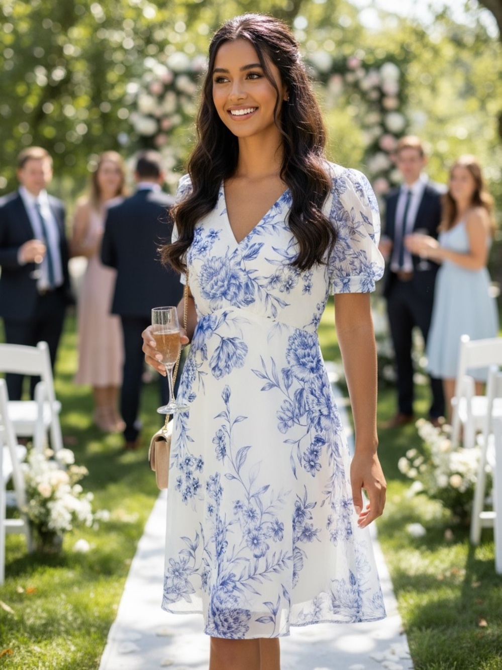 Calvin Klein Floral Chiffon Empire Waist V-Neck Elbow Sleeve Midi Dress